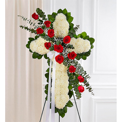 Cruz Fúnebre de pompones blancos con Rosas Rojas