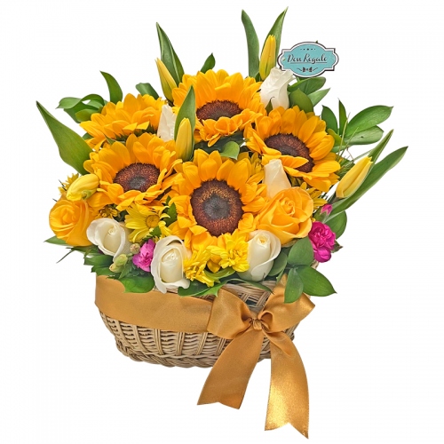 Canasta de Girasoles con Tulipanes Amarillos y Rosas